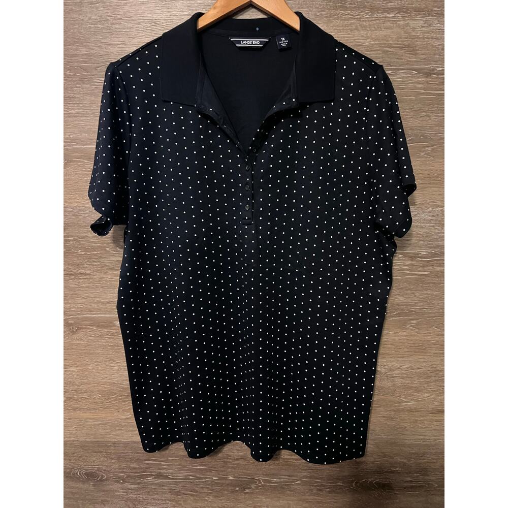 Land’s End women polo size 1X Navy blue polka dots cotton Nautical super soft